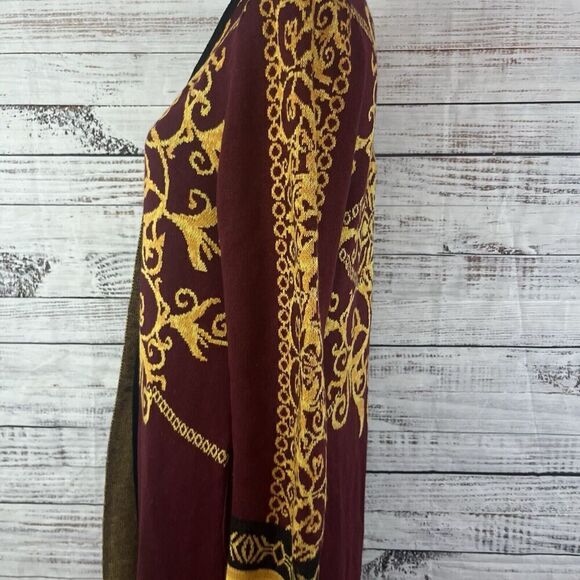 Vertigo Paris Gold Burgundy Motif Wool Open Front Long Cardigan Duster sz Small - Picture 14 of 16